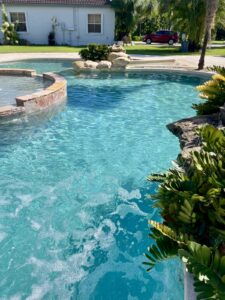 Weekly service outcome highlighting stabilized chemicals, clean walls, and perfectly maintained water conditions. Routine professional care prevents buildup, protects equipment, and maintains a consistently inviting appearance.