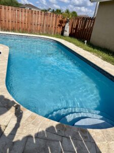 Pool transformed after professional cleaning and chemical correction, restoring clarity, sanitation, and visual appeal. Every surface is carefully treated to eliminate algae, stains, and imbalances that compromise water quality.